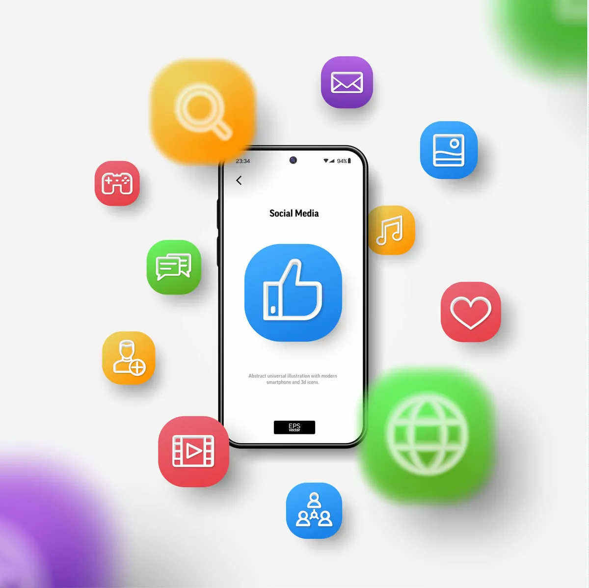 Smartphone with a like icon surrounded by colorful social media icons, such as a heart, a message and a new follower