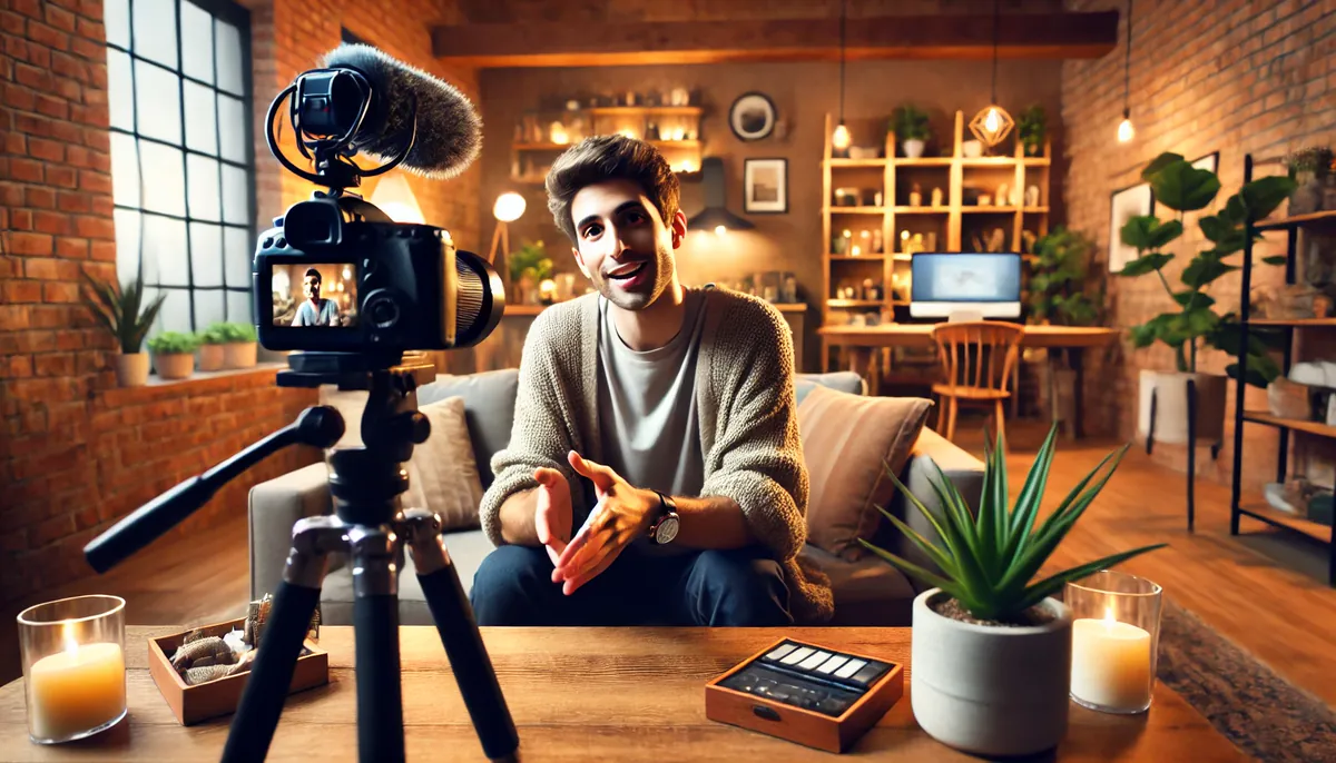 Content creator sitting on a couch recording a video with a camera on a tripod in a cozy living room for their Instagram profile