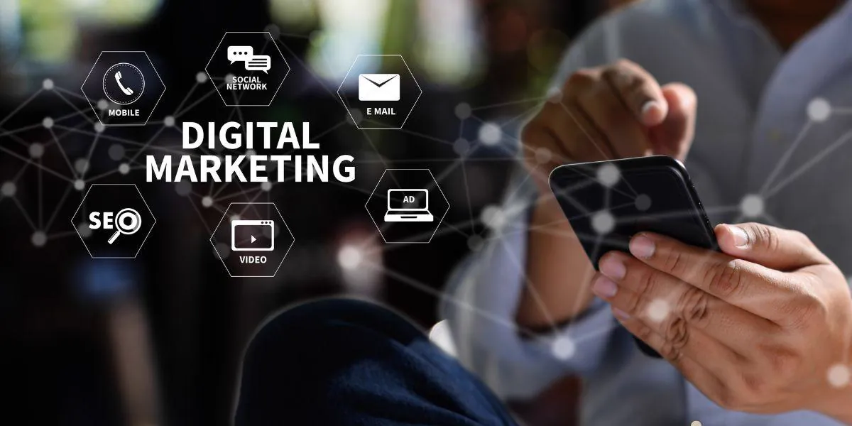 Hands using a smartphone with digital marketing icons such as SEO, email, video, and social media in a connected network