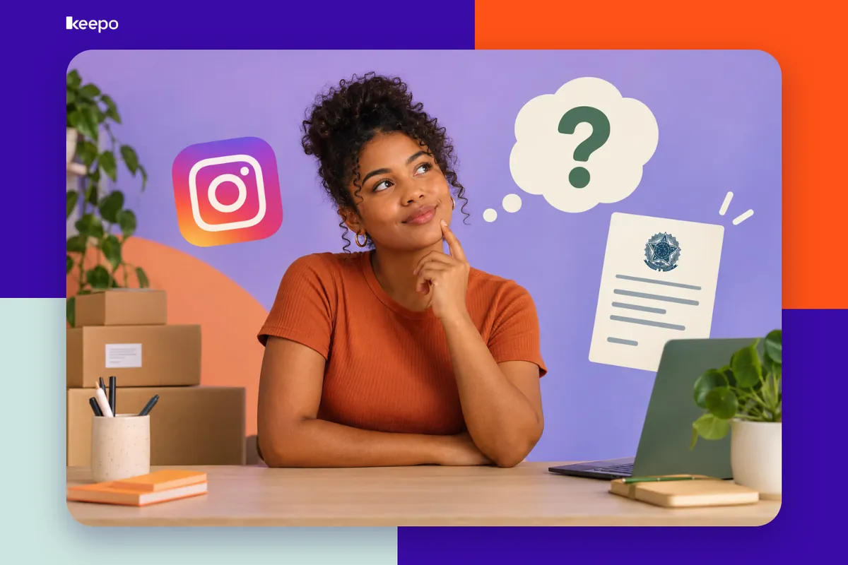 Mulher pensativa à mesa com caixas de envio, ícone do Instagram e documento oficial, em dúvida sobre abrir MEI