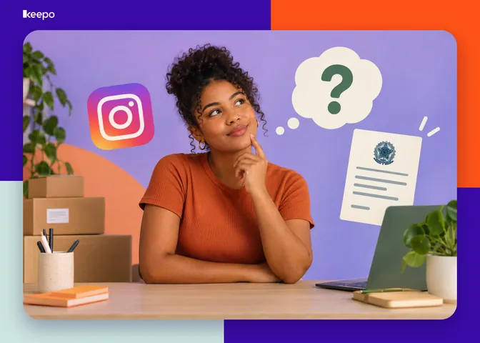 Mulher pensativa à mesa com caixas de envio, ícone do Instagram e documento oficial, em dúvida sobre abrir MEI