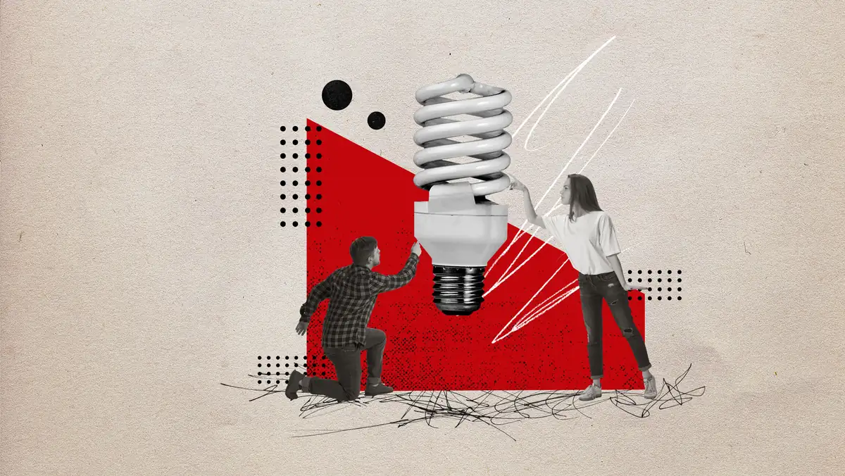 Collage of a kneeling man and a standing woman touching a giant light bulb on a red background, representing the idea of making your business stand out
