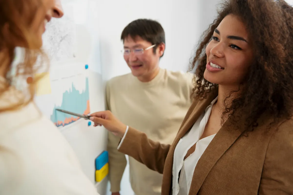 Woman in a brown blazer points with a pen at a chart on the wall while colleagues discuss lead generation strategies