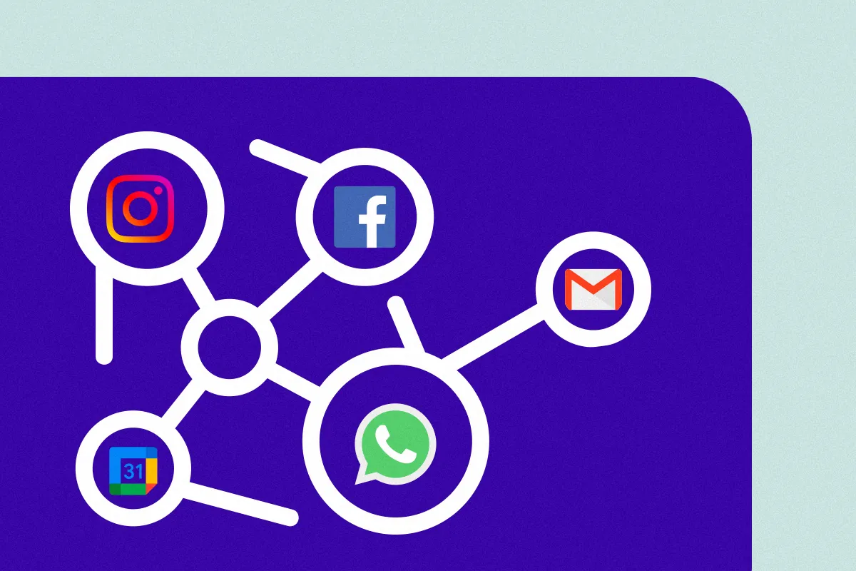 Instagram, Facebook, Gmail, WhatsApp and Google Calendar icons connected to a central point, like contacts in a single link