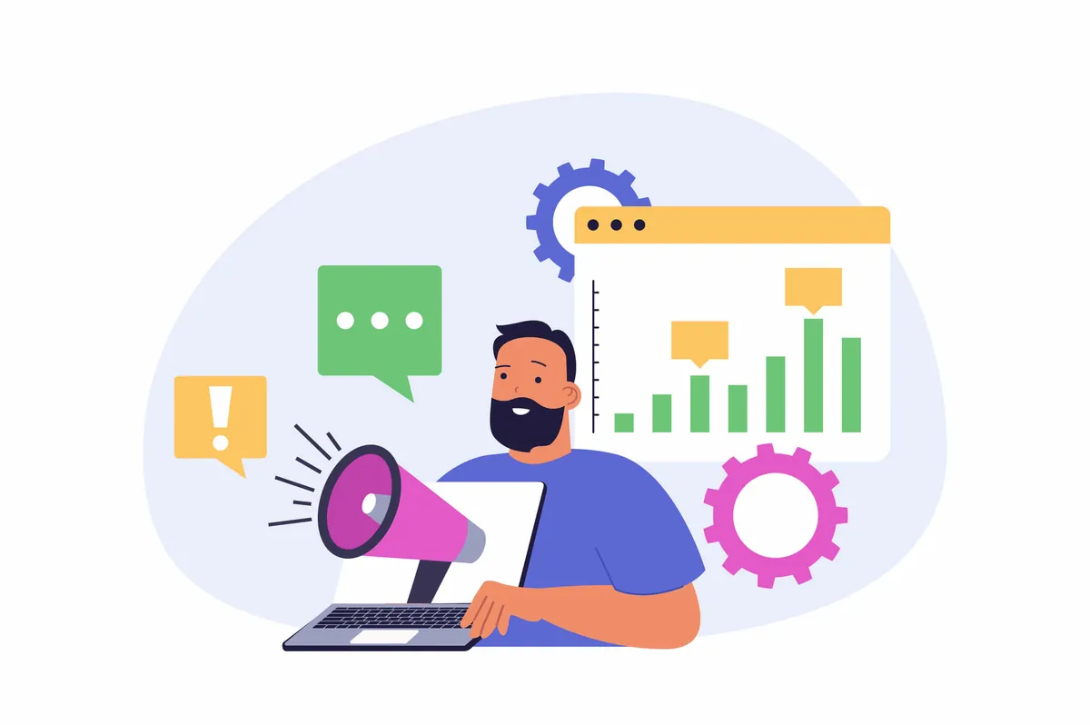 Bearded man on a laptop with a megaphone, bar chart and gears in the background, planning a marketing campaign