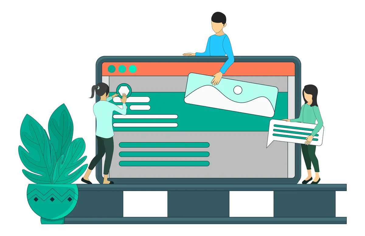 Three people build a landing page on a giant screen, fitting an image, an icon and a text box into place, next to a plant