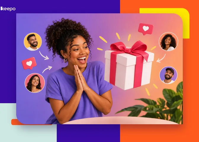 Mulher sorridente com as mãos juntas diante de caixa de presente, cercada por fotos de perfis e curtidas de um sorteio no Instagram