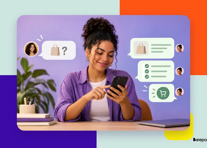 Mulher sorridente responde no celular a cliente que pergunta sobre uma bolsa, com balões de conversa terminando em carrinho