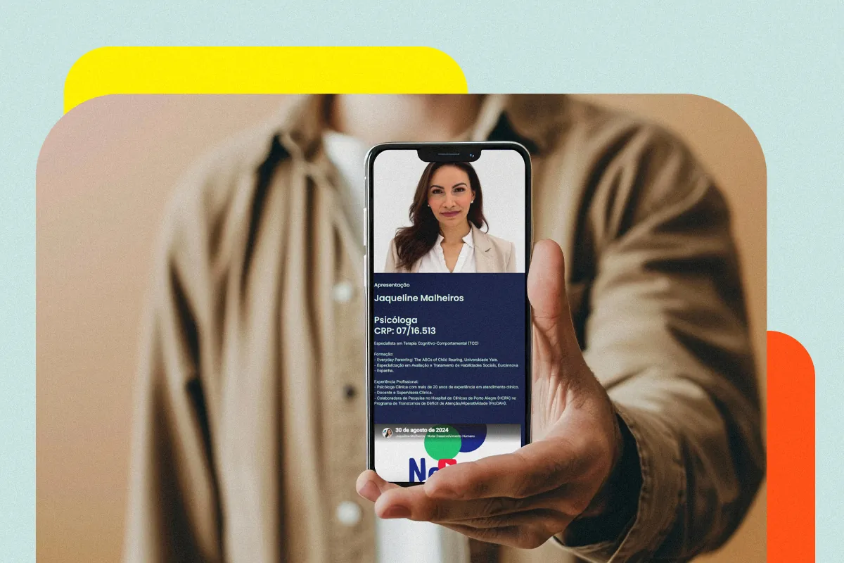 Person holding a phone displaying a link-in-bio page used as a psychologist's professional portfolio, with photo and credentials