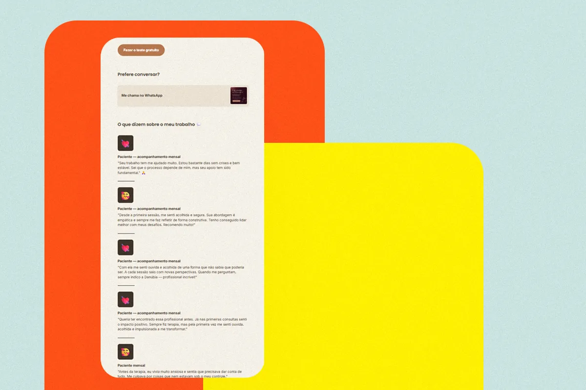 Phone screen showing a link-in-bio page with patient testimonials as social proof, on an orange and yellow background