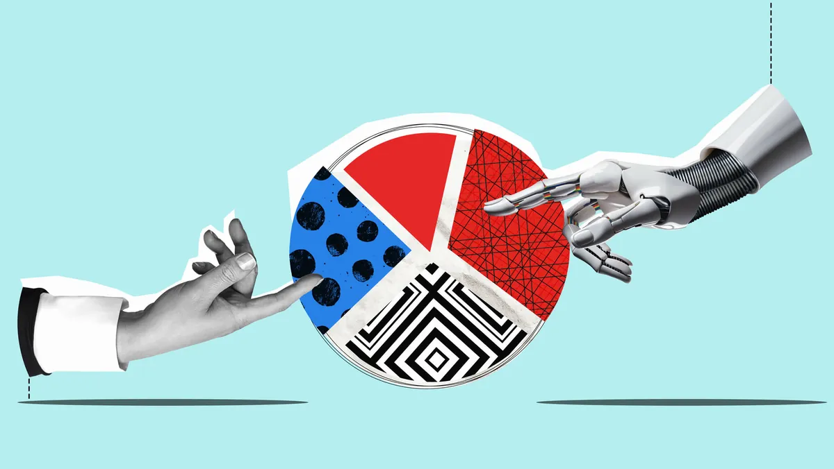 Human hand and robotic hand touching a colorful pie chart in a collage, symbolizing artificial intelligence in content