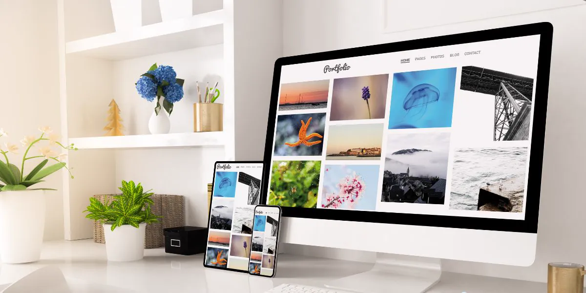 Portfolio website with a photo gallery displayed on a monitor, tablet and phone on a white desk with plants