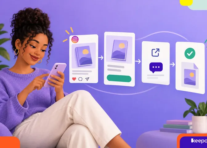 Mulher sorri ao usar o celular ao lado de cartões que mostram o caminho do post à entrega do arquivo do e-book