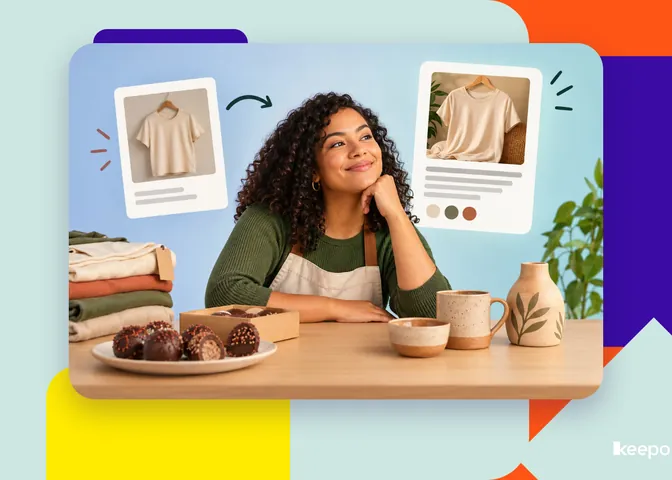 Empreendedora sorri ao lado de cards de catálogo de uma camiseta, com doces, roupas dobradas e cerâmicas na mesa