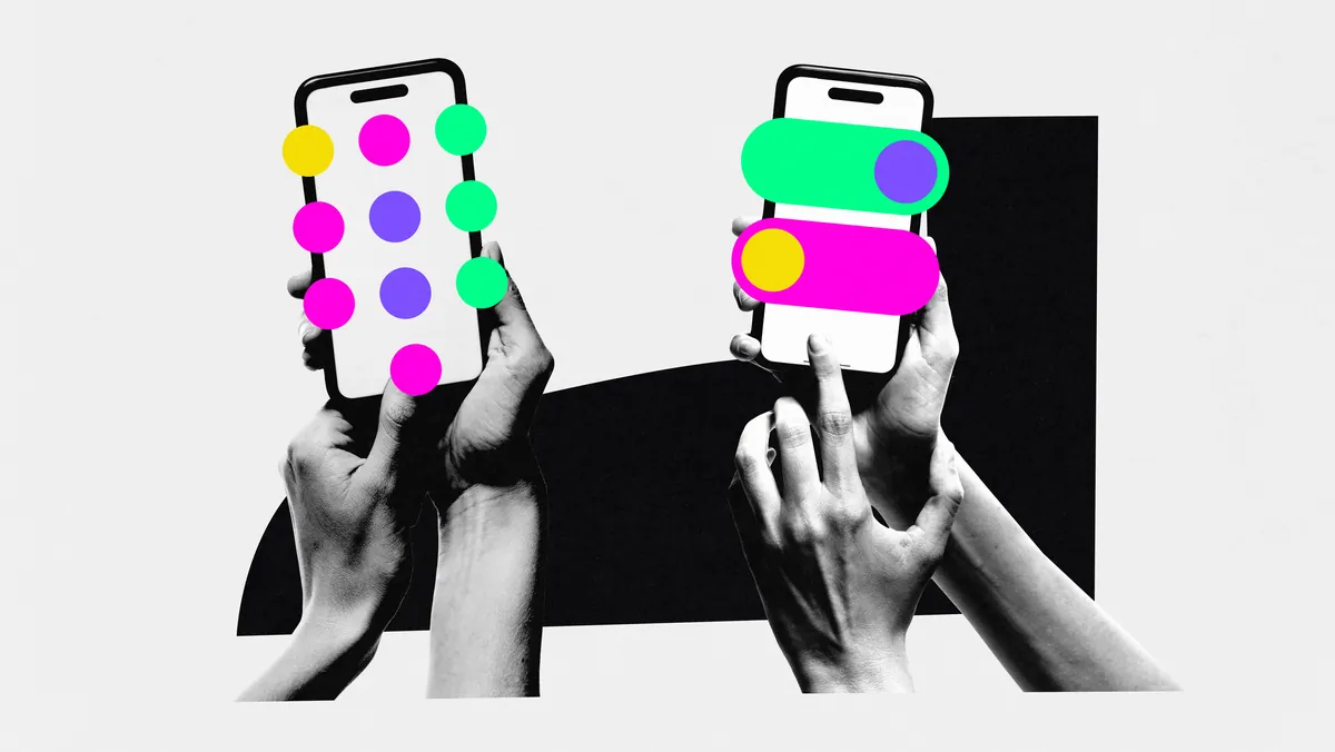Hands holding two phones with colorful circles and toggle switches, in a collage about UX/UI design and navigation