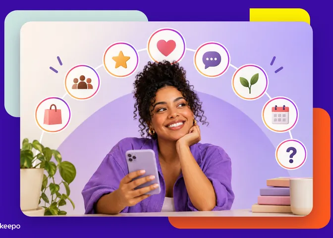 Mulher sorridente com celular na mão sob um arco de ícones circulares como destaques do Instagram para negócio