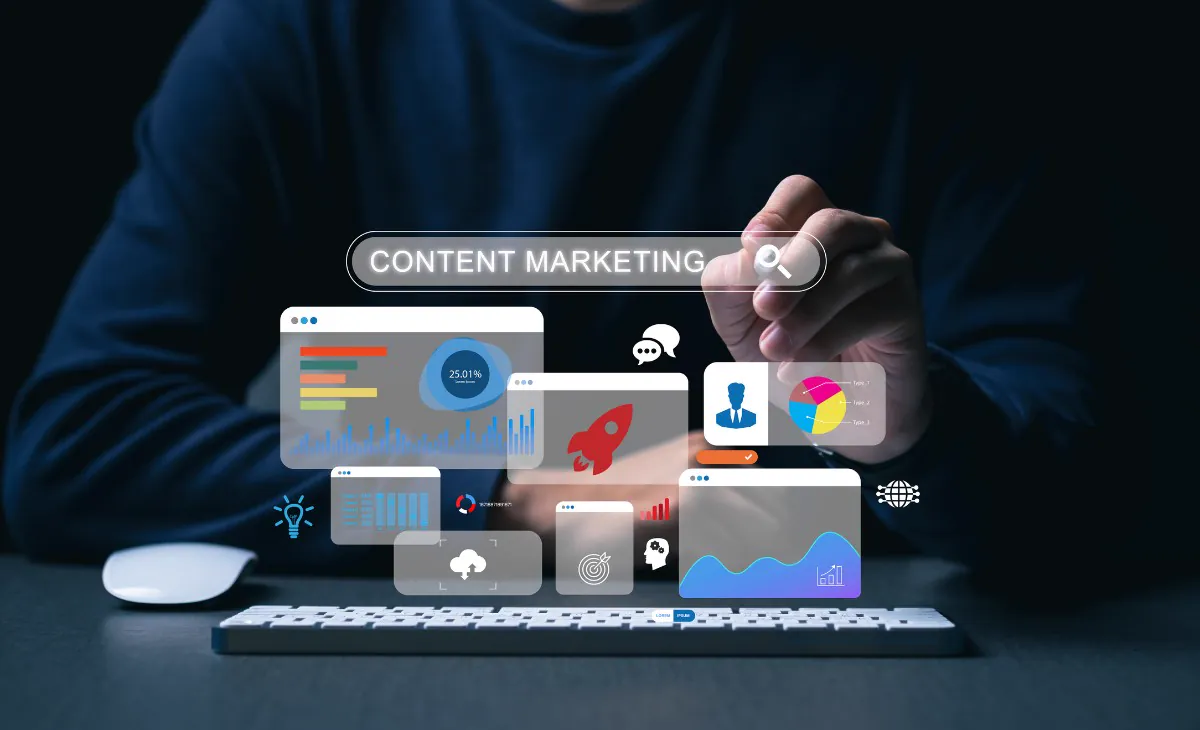 Person touching a virtual search bar with the words Content Marketing and audience charts, a symbol of content strategy