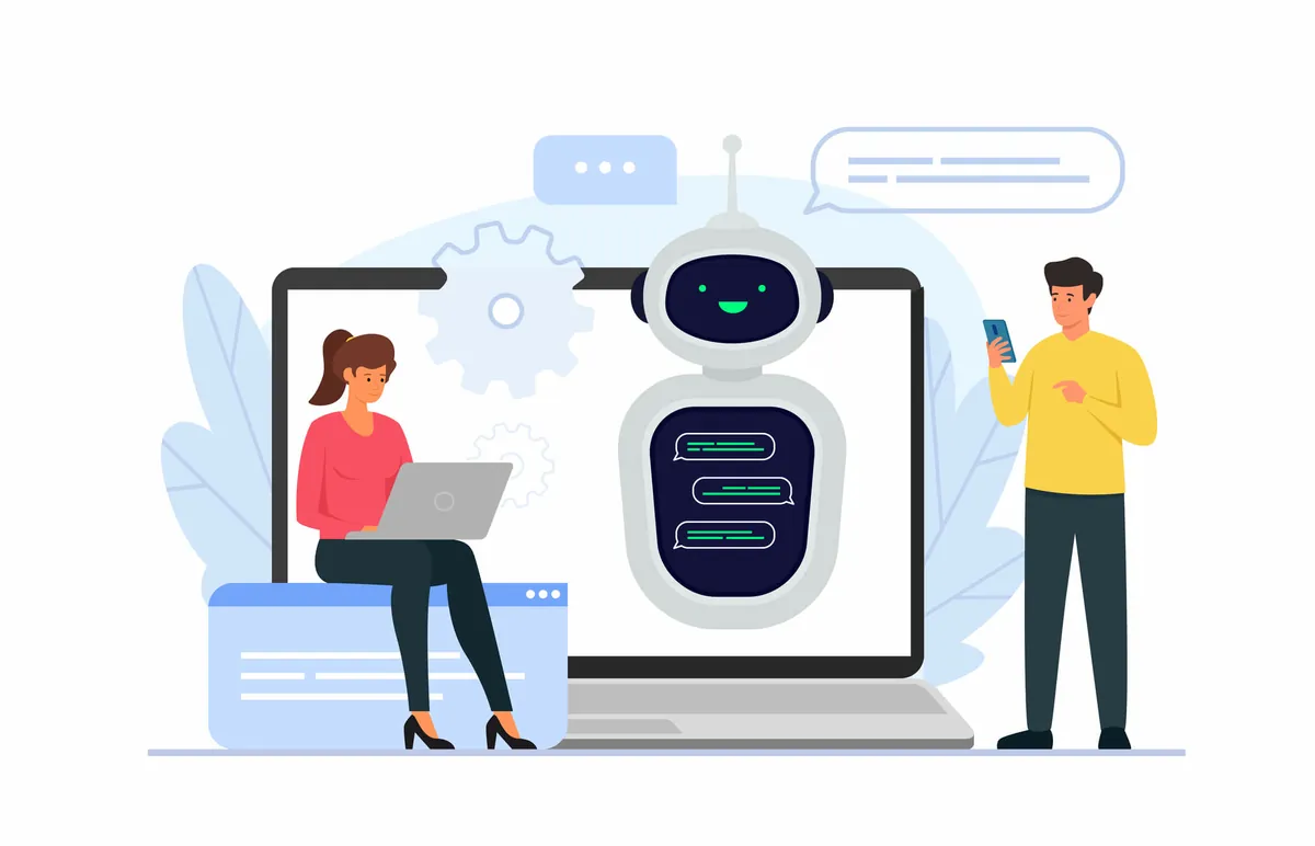 AI robot with chat bubbles on a laptop screen, woman using a laptop and man with a phone, digital presence