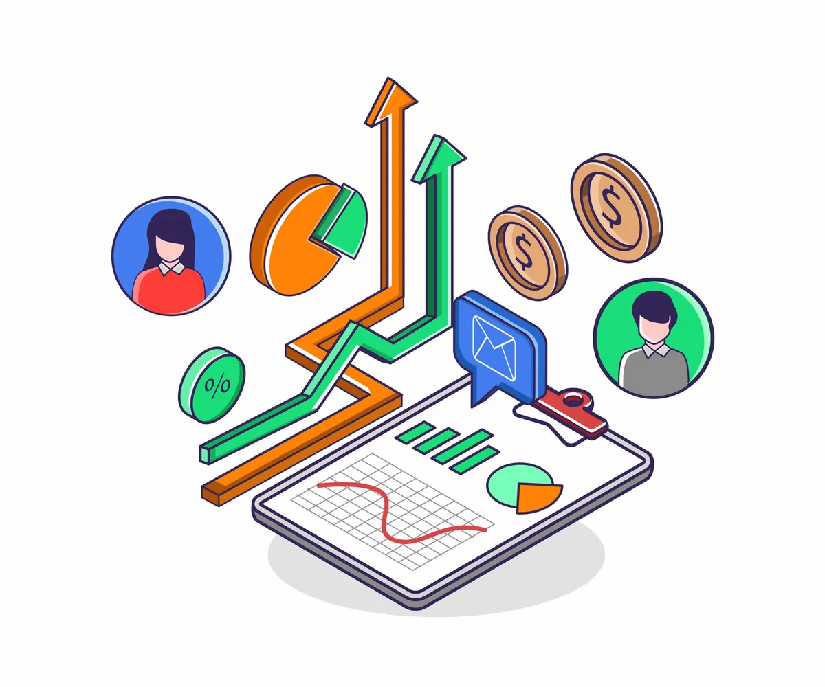 Clipboard with charts, an email icon, coins, avatars, and rising arrows, suggesting forms on a mini site