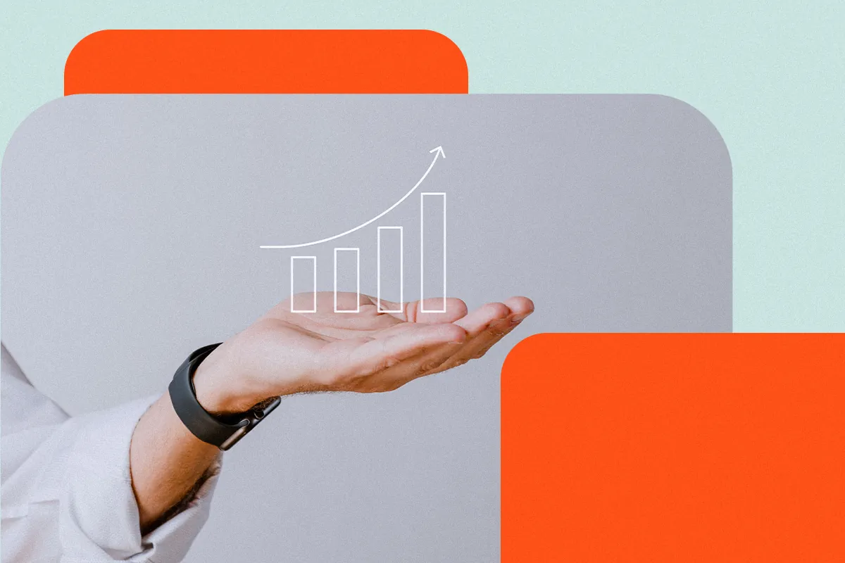 Open hand wearing a wristwatch holding a rising bar chart, symbolizing tracking link in bio results