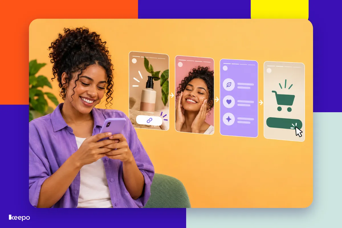 Woman smiling at her phone next to Story screens with a link sticker, a product, benefits and a shopping cart