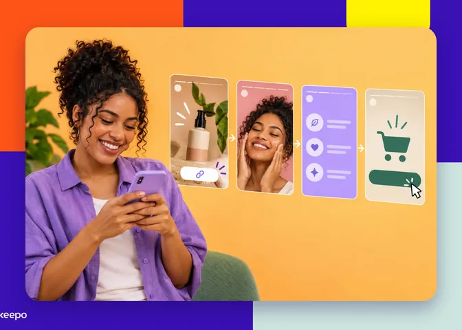 Woman smiling at her phone next to Story screens with a link sticker, a product, benefits and a shopping cart