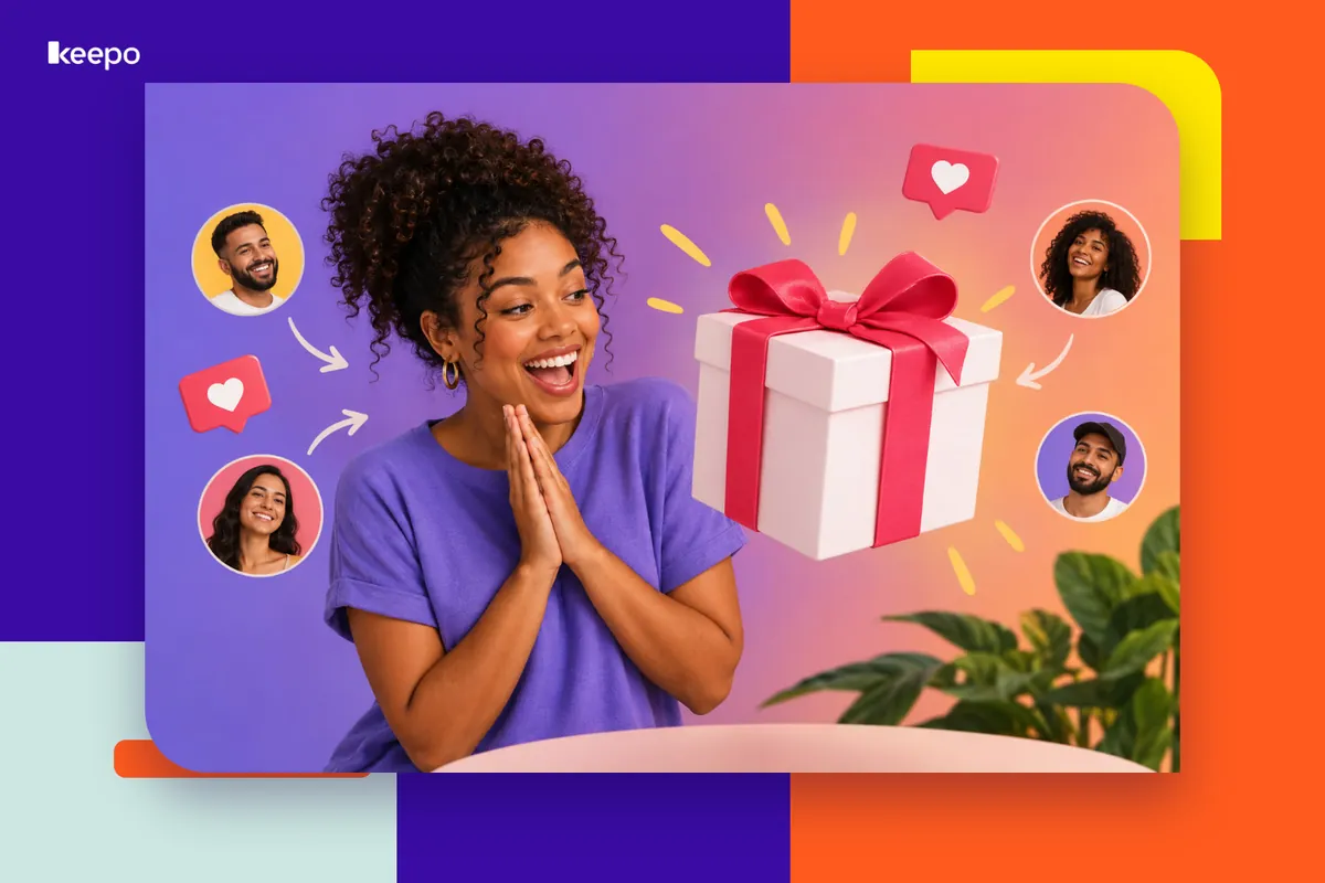 Smiling woman with her hands clasped in front of a gift box, surrounded by profile photos and likes from an Instagram giveaway