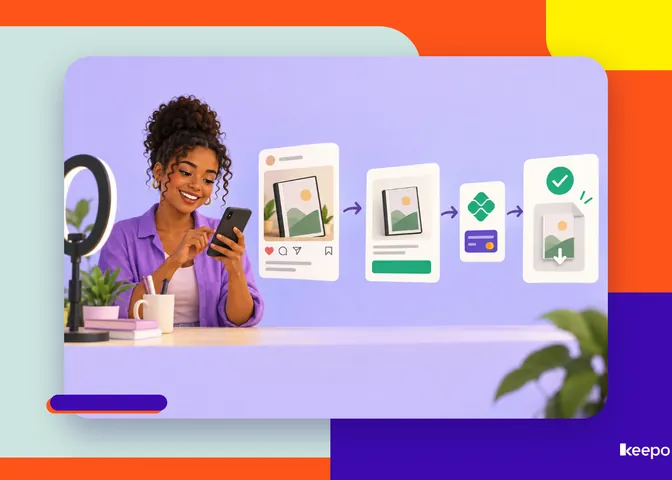 Woman smiling at her phone next to cards showing an e-book sale: post, page, payment and file download
