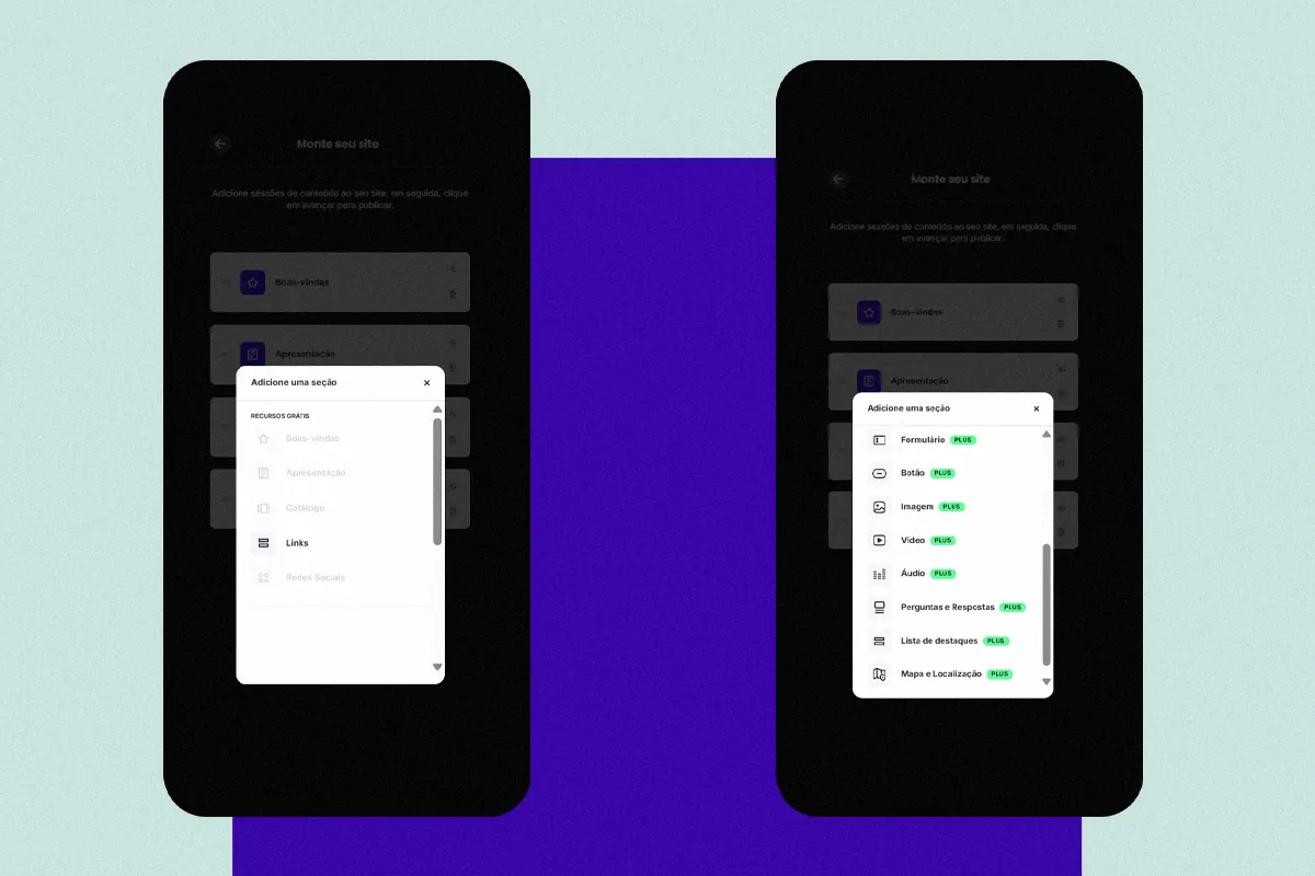 Two Keepo phone screens comparing free sections, such as Links, with Plus sections, such as Form, Video, and Map