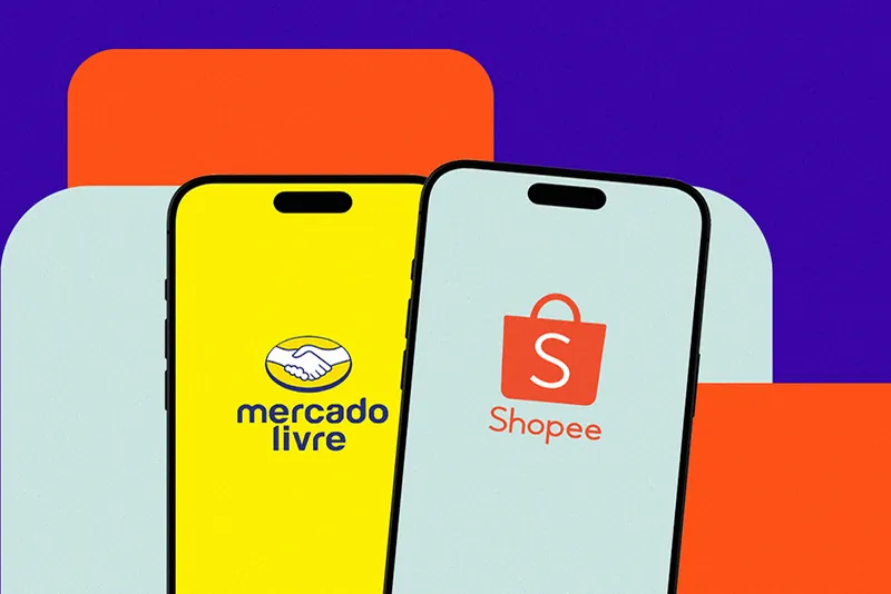 Two smartphones side by side showing the Mercado Livre and Shopee logos on their screens, against a purple and orange background