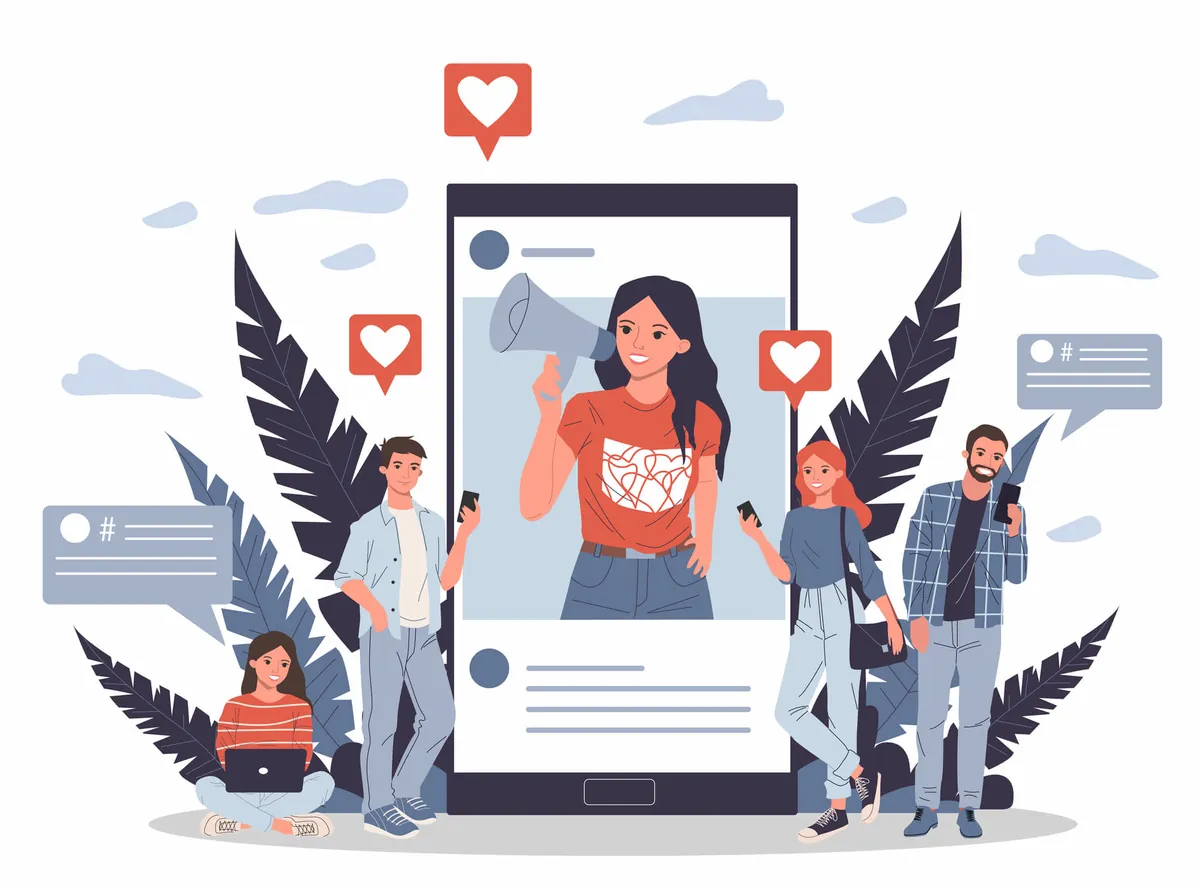 Woman with a megaphone in a post on a giant phone screen, surrounded by likes and young people using their phones, digital marketing
