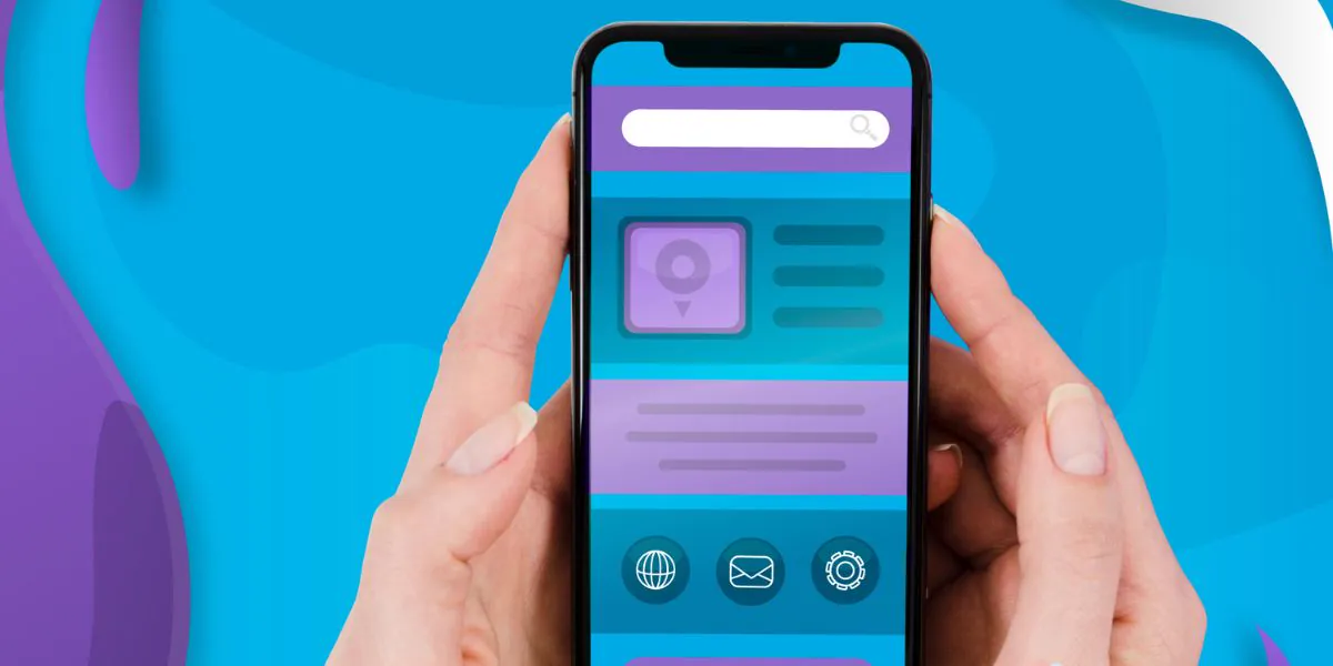 Hands holding a smartphone showing a purple and blue mini-site layout with a search bar, text blocks, and contact icons
