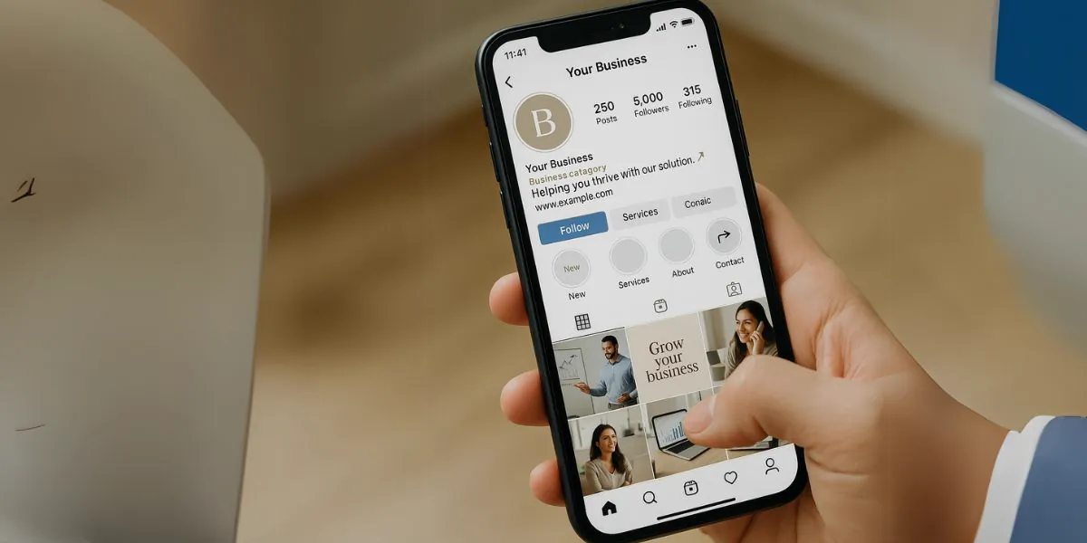 Hand holding a phone showing an Instagram business profile with bio, contact buttons, highlights and post grid