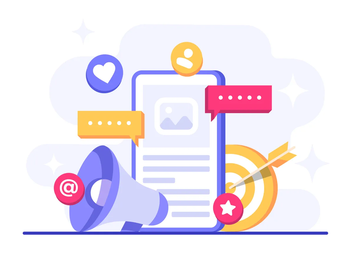 Phone with a profile, megaphone, target with an arrow, and like and message icons, illustrating digital entrepreneurship