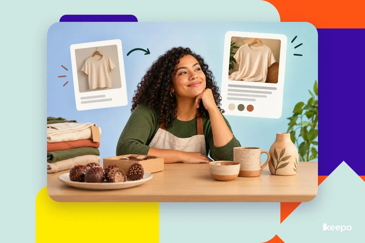 Smiling entrepreneur next to catalog cards for a T-shirt, with sweets, folded clothes and ceramics on the table