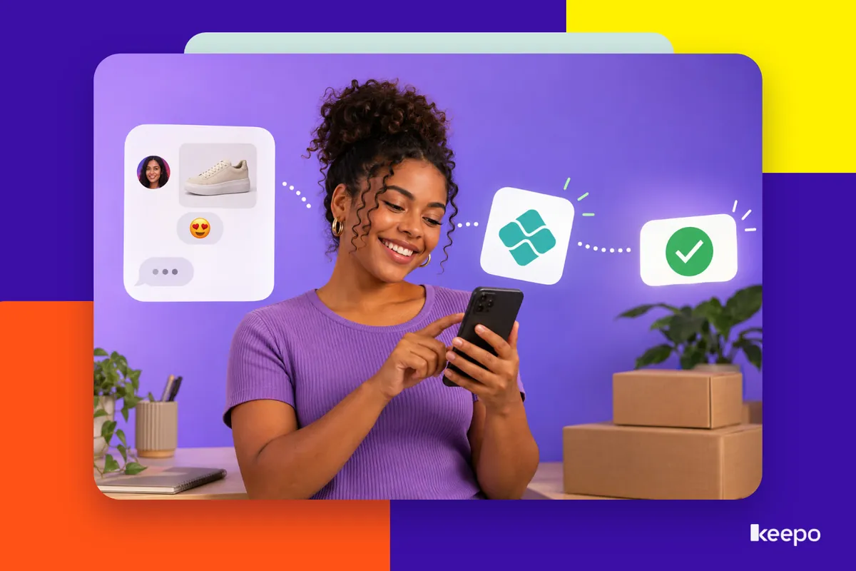 Mulher sorridente usa o celular entre caixas, com ícones de conversa sobre um tênis, símbolo do Pix e confirmação de venda
