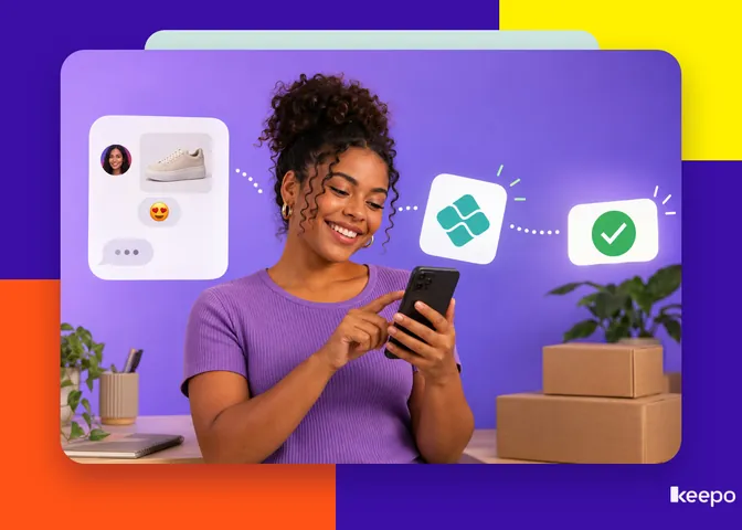 Mulher sorridente usa o celular entre caixas, com ícones de conversa sobre um tênis, símbolo do Pix e confirmação de venda