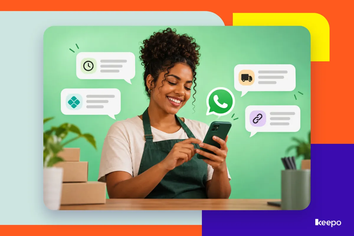 Mulher de avental sorri ao usar o celular com ícone do WhatsApp e balões de respostas rápidas sobre horário, Pix e entrega