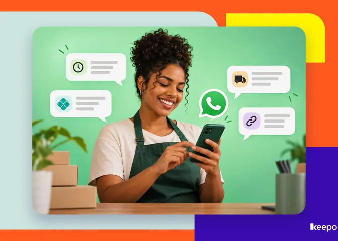Mulher de avental sorri ao usar o celular com ícone do WhatsApp e balões de respostas rápidas sobre horário, Pix e entrega