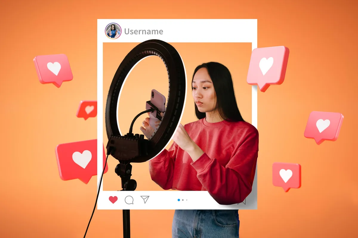 Woman adjusts her phone on a ring light inside an Instagram post frame, surrounded by engagement like icons