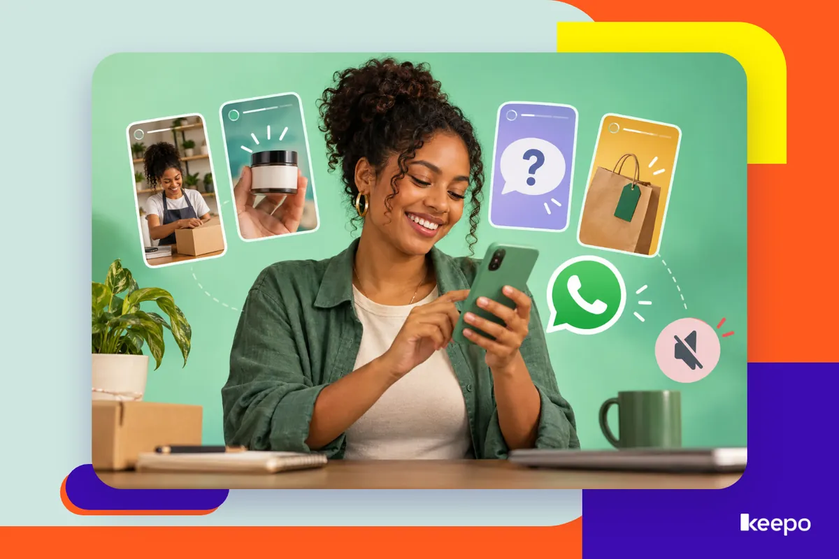 Smiling woman using her phone surrounded by examples of WhatsApp statuses for selling, such as a product, a shopping bag and a question