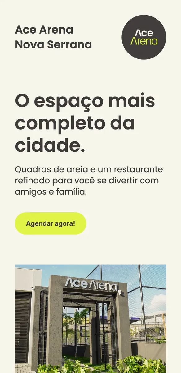 Página de site para arena esportiva com restaurante, botão verde Agendar agora e foto da entrada com quadras cercadas
