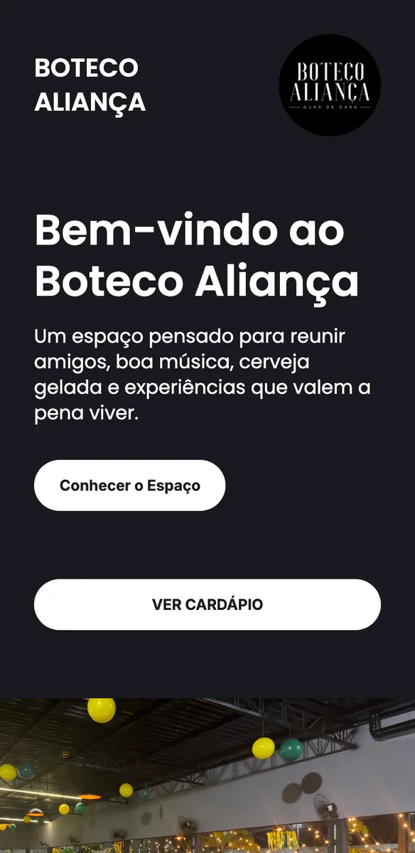 Site de bar no celular com fundo escuro, boas-vindas ao Boteco Aliança, botão Ver Cardápio e salão decorado com balões