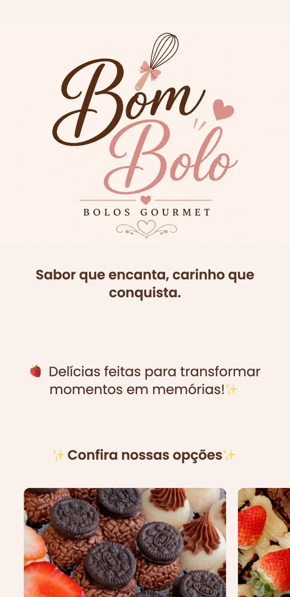 Página de site para confeitaria de bolos gourmet com logo em tons de marrom e rosa e fotos de doces com morango e biscoito