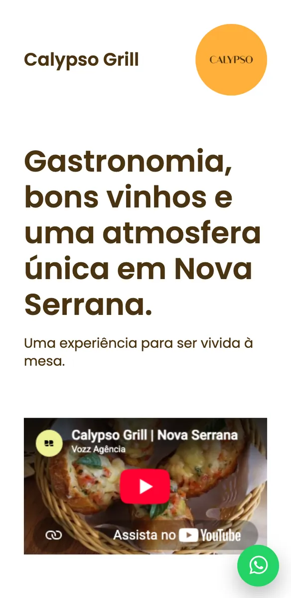 Site para restaurante no celular com logo laranja, título sobre gastronomia e vinhos e vídeo de pães gratinados