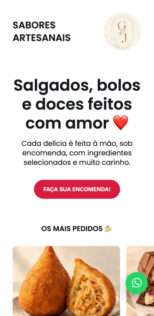 Site para salgados e doces sob encomenda no celular, com botão Faça sua encomenda e coxinha cortada recheada de frango