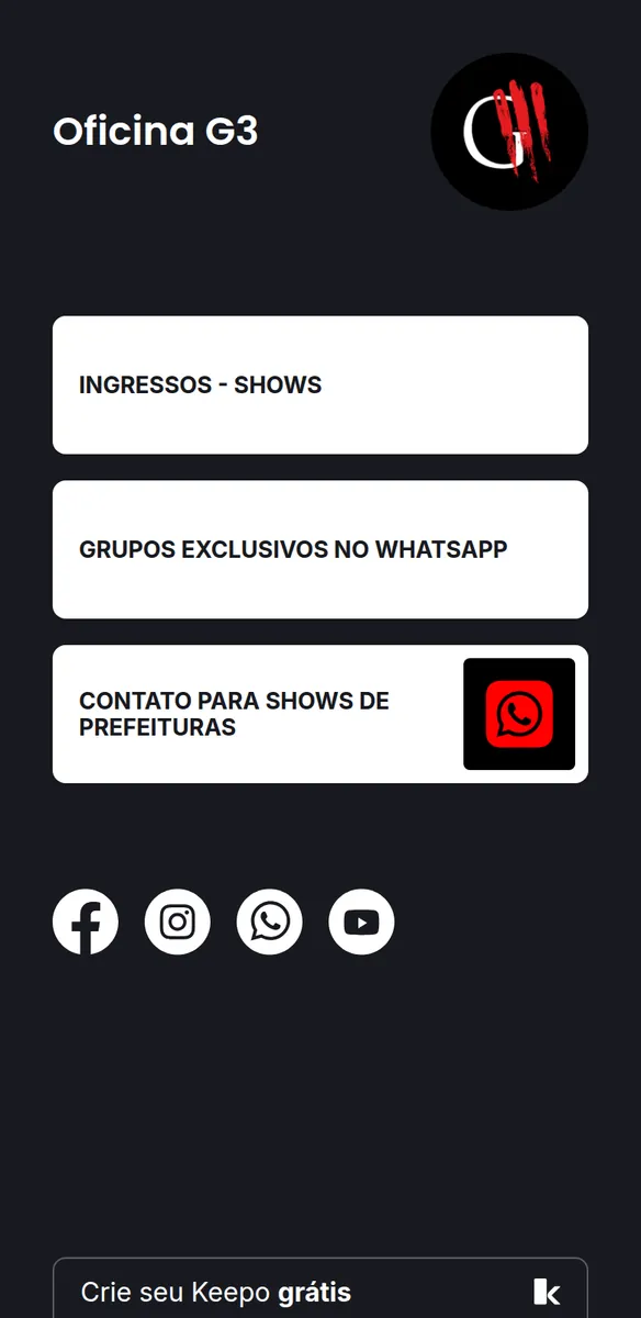 Página escura com logotipo em vermelho, botões para ingressos de shows, grupos no WhatsApp e contato para prefeituras