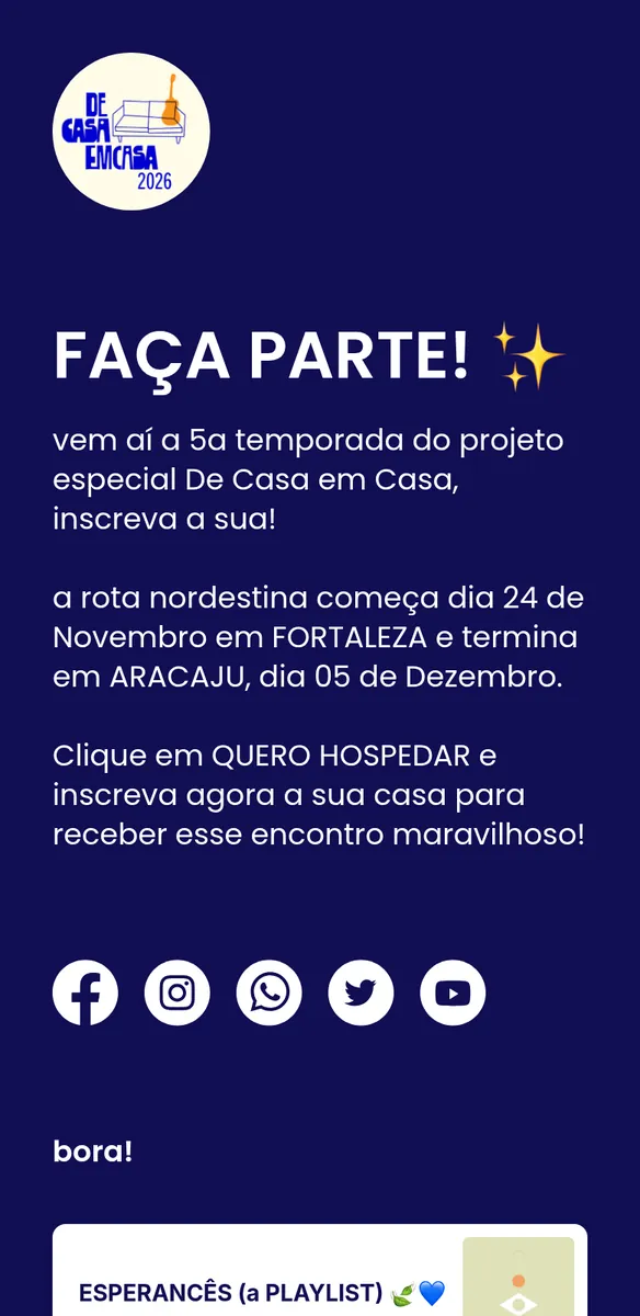 Página azul-marinho com logo de sofá e violão, convite para inscrever a casa na temporada, ícones de redes sociais e playlist
