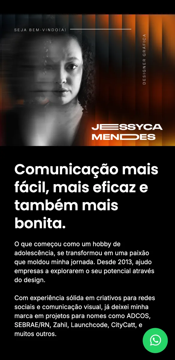 Página de site para designer de comunicação visual com retrato em preto e branco, faixas laranja e texto sobre fundo preto