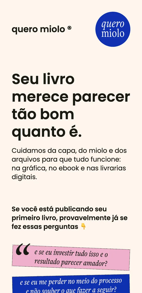 Página de site para designer editorial de livros com fundo creme, logo azul redondo e a frase Seu livro merece parecer tão bom quanto é